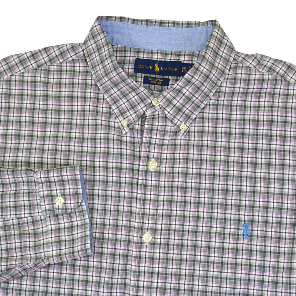 Ralph Lauren Button Down Mens XXL Purple Grey Plaid Stretch Long Sleeve Pony